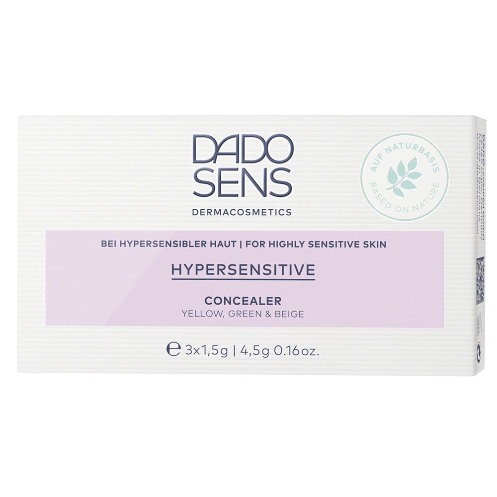 Emballage du correcteur DADO SENS HYPERSENSITIVE. Blanc avec bande violette. Contient 3 x 1,5g de correcteur jaune, vert et beige.