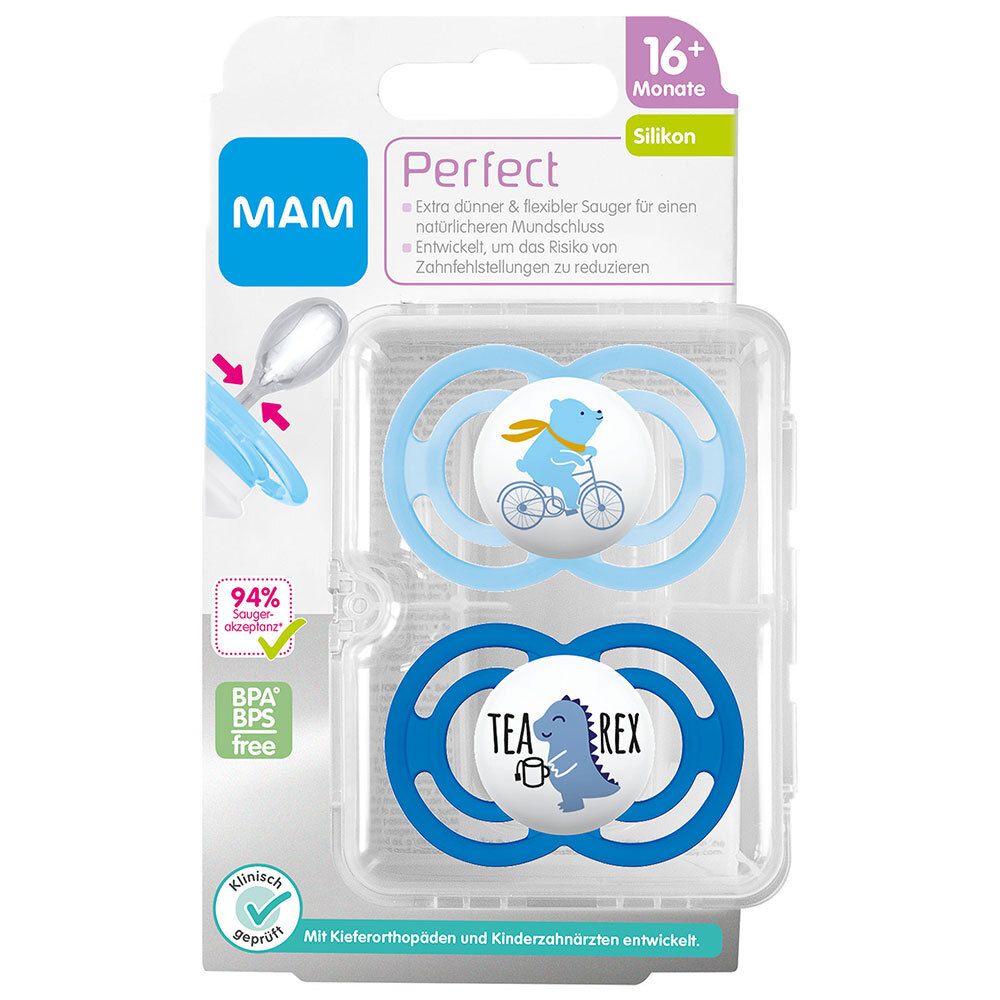 Deux sucettes MAM Perfect bleues dans un emballage transparent. Un ours à vélo et un dinosaure sont représentés sur les tétines.