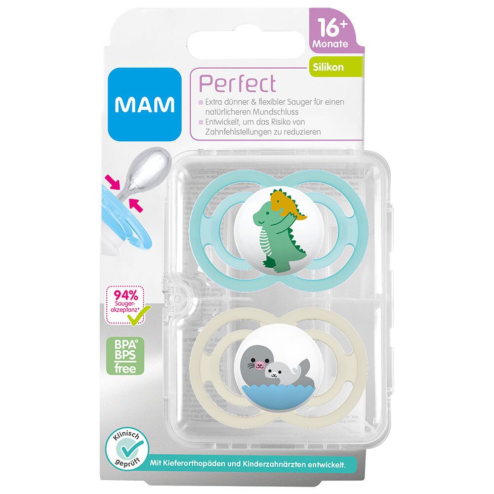 Deux sucettes MAM Perfect dans un emballage transparent. Un dinosaure vert et un couple de phoques sont représentés sur les tétines.