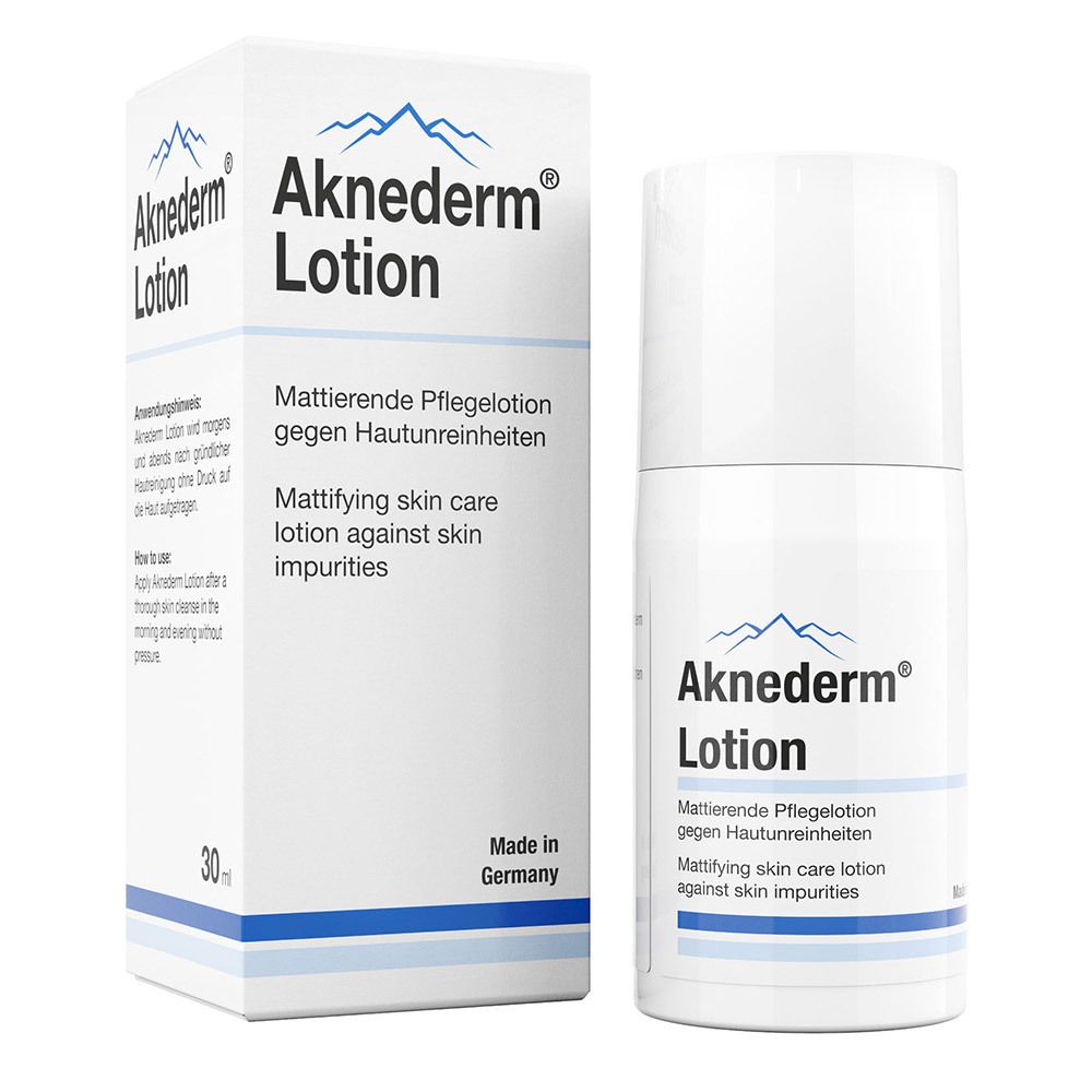 Flacon et emballage Aknederm® Lotion. Blanc, accents bleus. Texte : Soin matifiant, contre les impuretés cutanées.