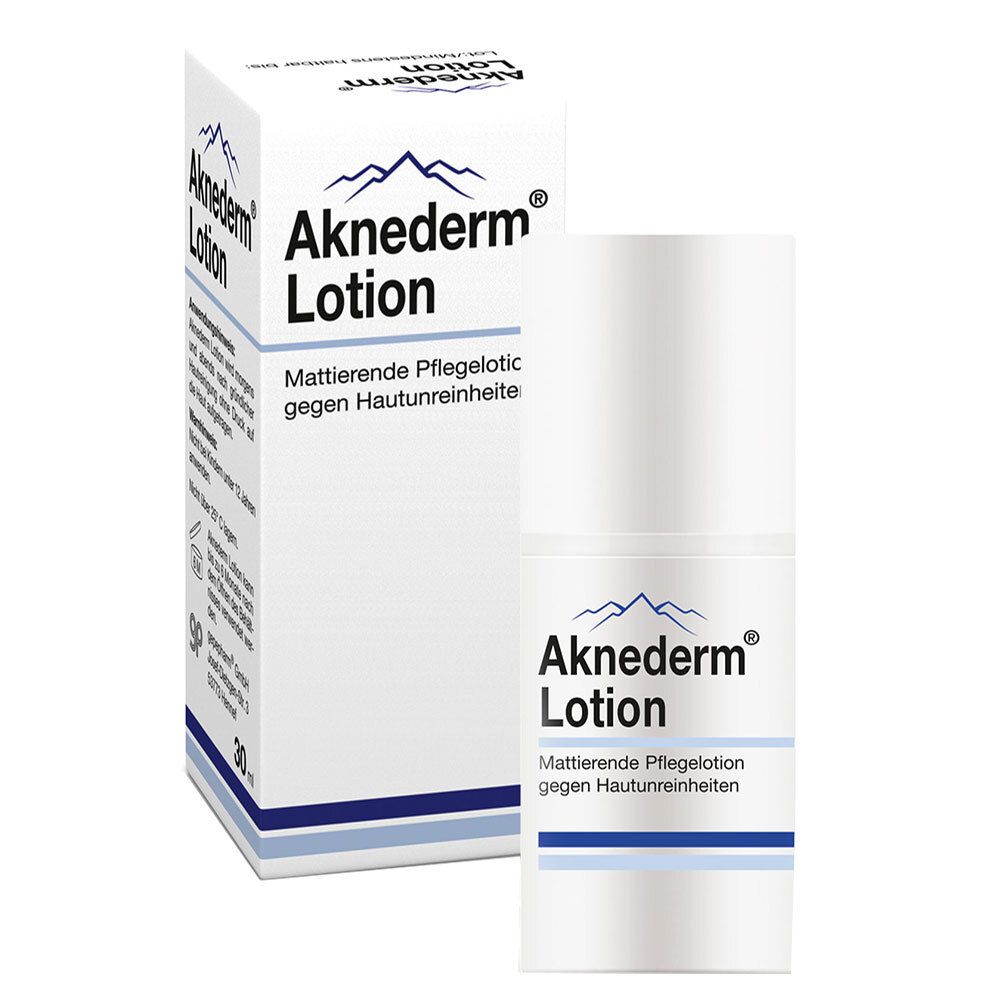 Flacon et emballage Aknederm® Lotion. Blanc, accents bleus. Texte : Soin matifiant, contre les impuretés cutanées.