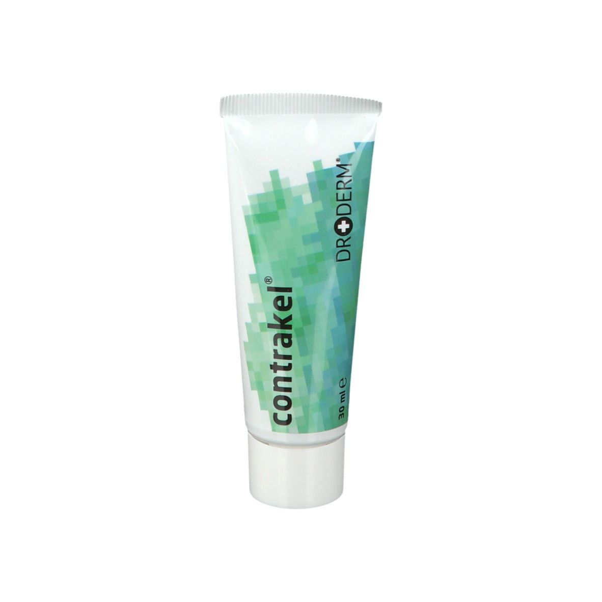 Crèmetube met de productnaam contrakel®. Groen-witte kleurstelling. Fabrikantenlogo Dr.Derm. 30 ml.
