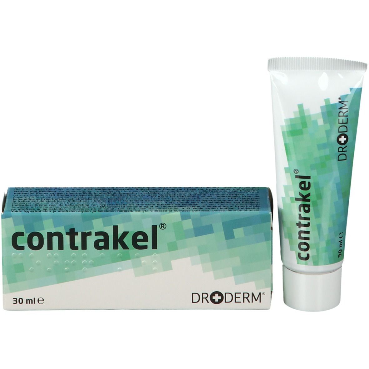 Productverpakking en tube. Verpakking met productnaam contrakel®. Tube met fabrikantenlogo Dr.Derm. 30 ml.