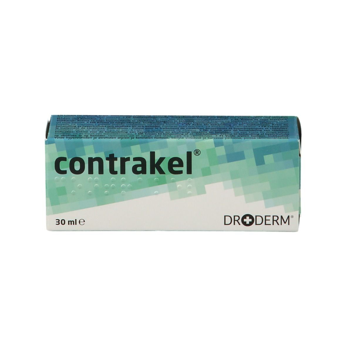 Productverpakking met de naam contrakel®. Fabrikantenlogo Dr.Derm. 30 ml. Groen-witte kleurstelling.