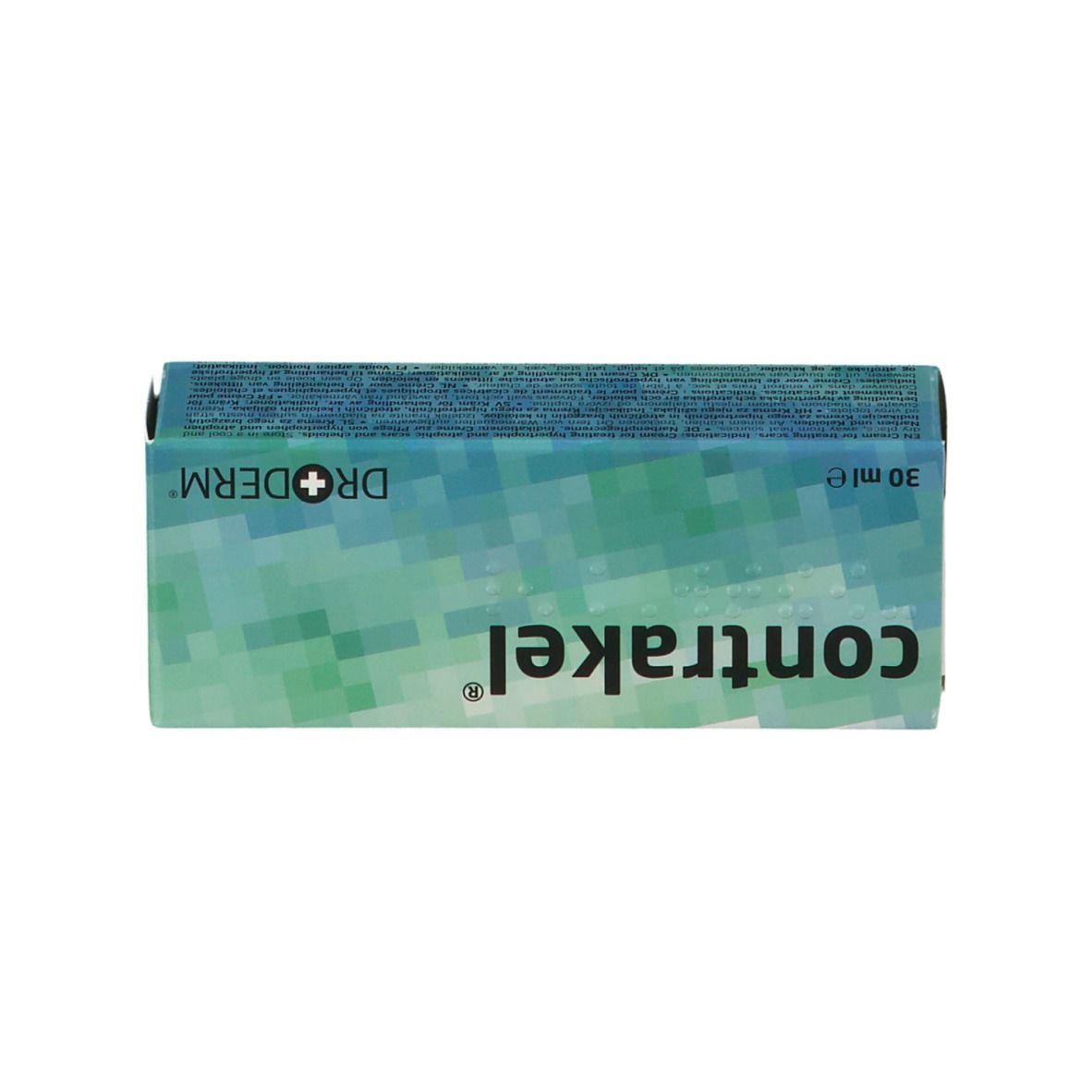 Productverpakking met de naam contrakel®. Fabrikantenlogo Dr.Derm. 30 ml. Groen-witte kleurstelling.