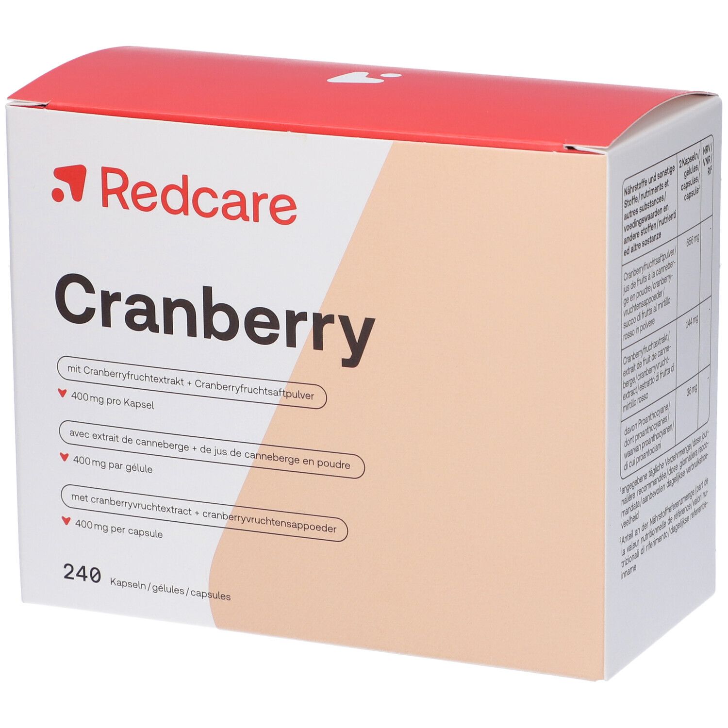 Doosje Redcare Cranberry capsules. Opschrift: Cranberry, 240 capsules. Bevat cranberry extract.