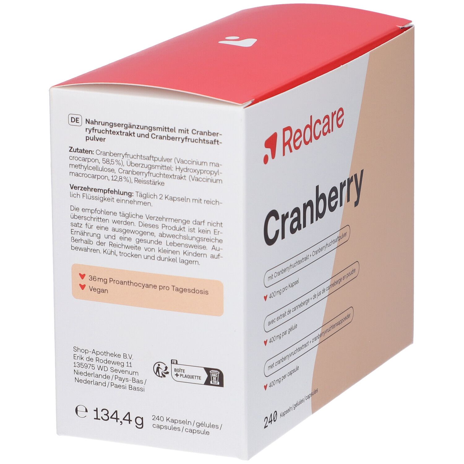 Achterkant van de Redcare Cranberry capsule verpakking. Bevat informatie over ingrediënten en dosering.