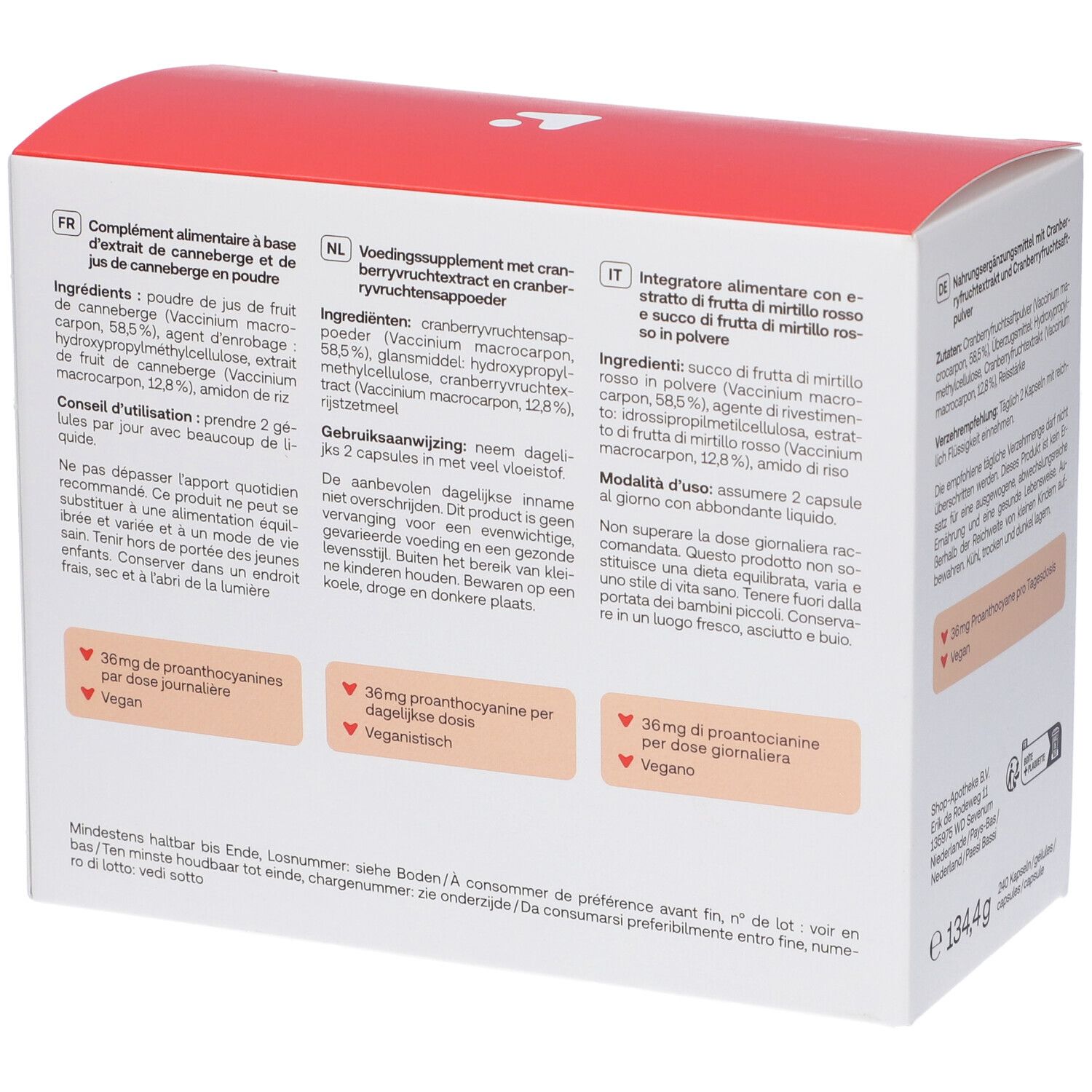 Achterkant van de Redcare Cranberry capsule verpakking met informatie in verschillende talen.