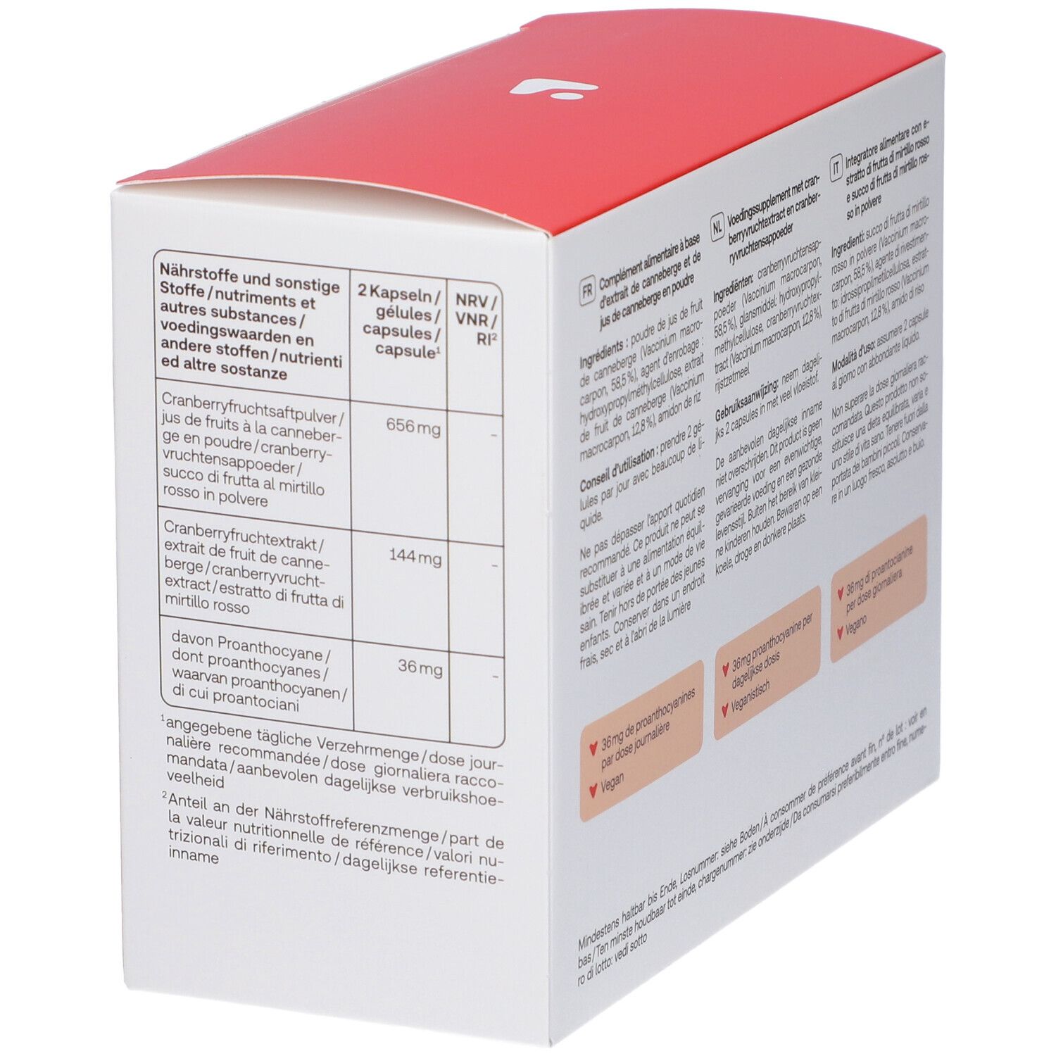 Achterkant van de Redcare Cranberry capsule verpakking met voedingswaarde informatie en ingrediënten.