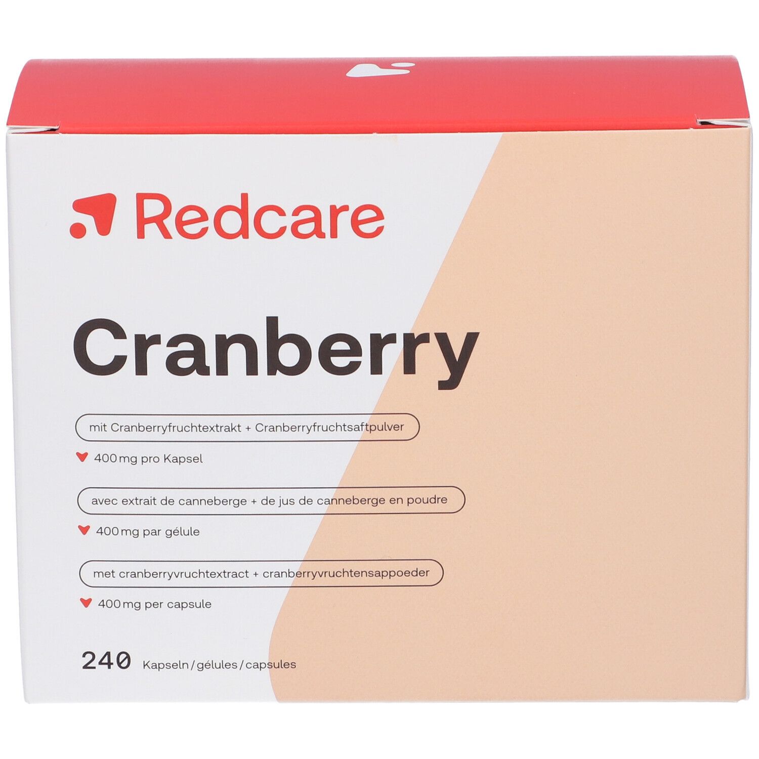 Doosje Redcare Cranberry capsules. Opschrift: Cranberry, 240 capsules. Bevat cranberry extract.