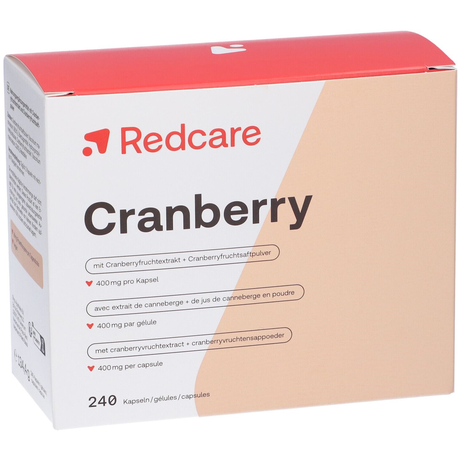 Doosje Redcare Cranberry capsules. Opschrift: Cranberry, 240 capsules. Bevat cranberry extract.