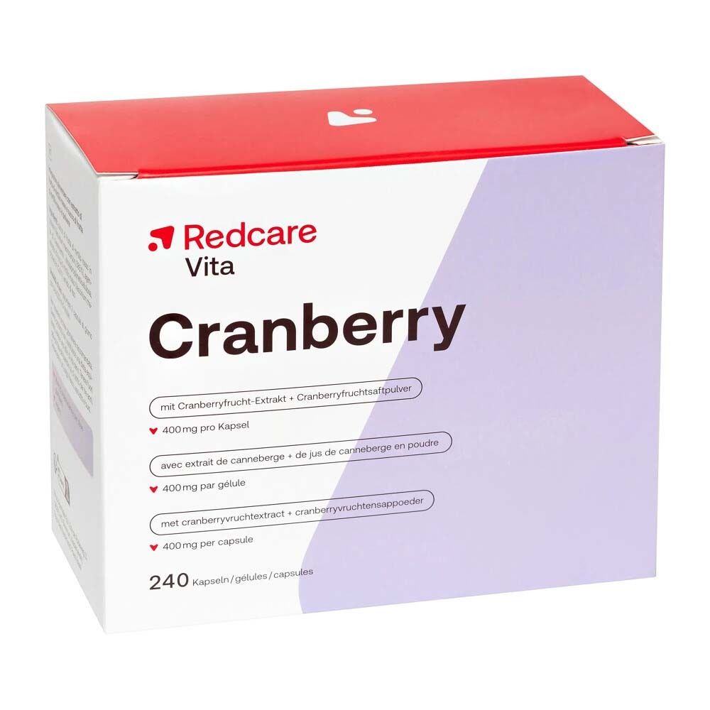Verpakking Redcare Vita Cranberry. Wit rechthoek met rood deksel. Tekst: Cranberry, 240 capsules.