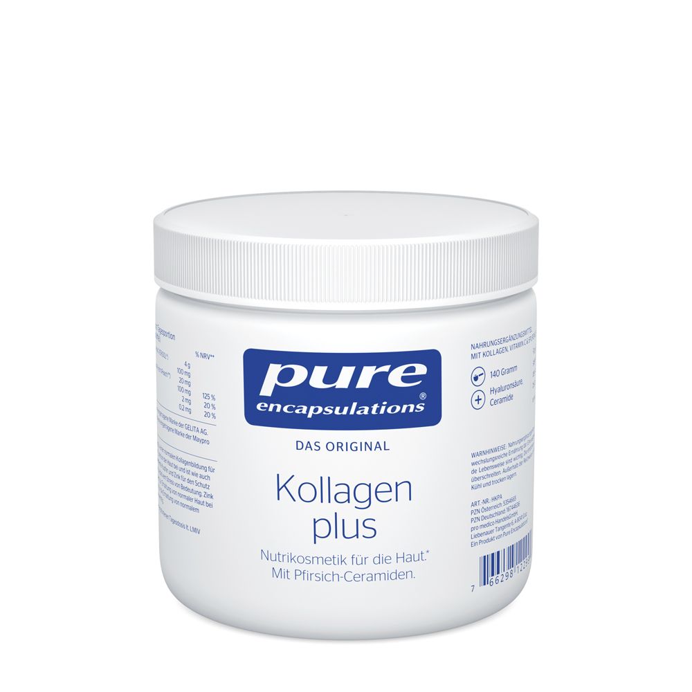 Witte pot met schroefdop. Opschrift: Pure Encapsulations, Kollagen plus. Met perzikceramiden.