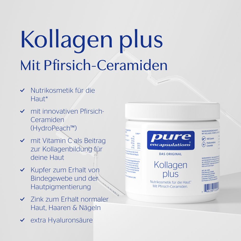 Productpot met tekst. Tekst: Kollagen plus, nutricosmetica voor de huid. Bevat perzikceramiden, vitamine C, zink.