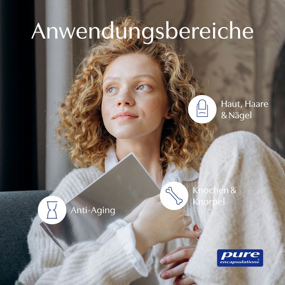 Vrouw met boek. Afbeeldingen tonen huid, haar & nagels, botten & kraakbeen, anti-aging. Pure Encapsulations logo rechtsonder.