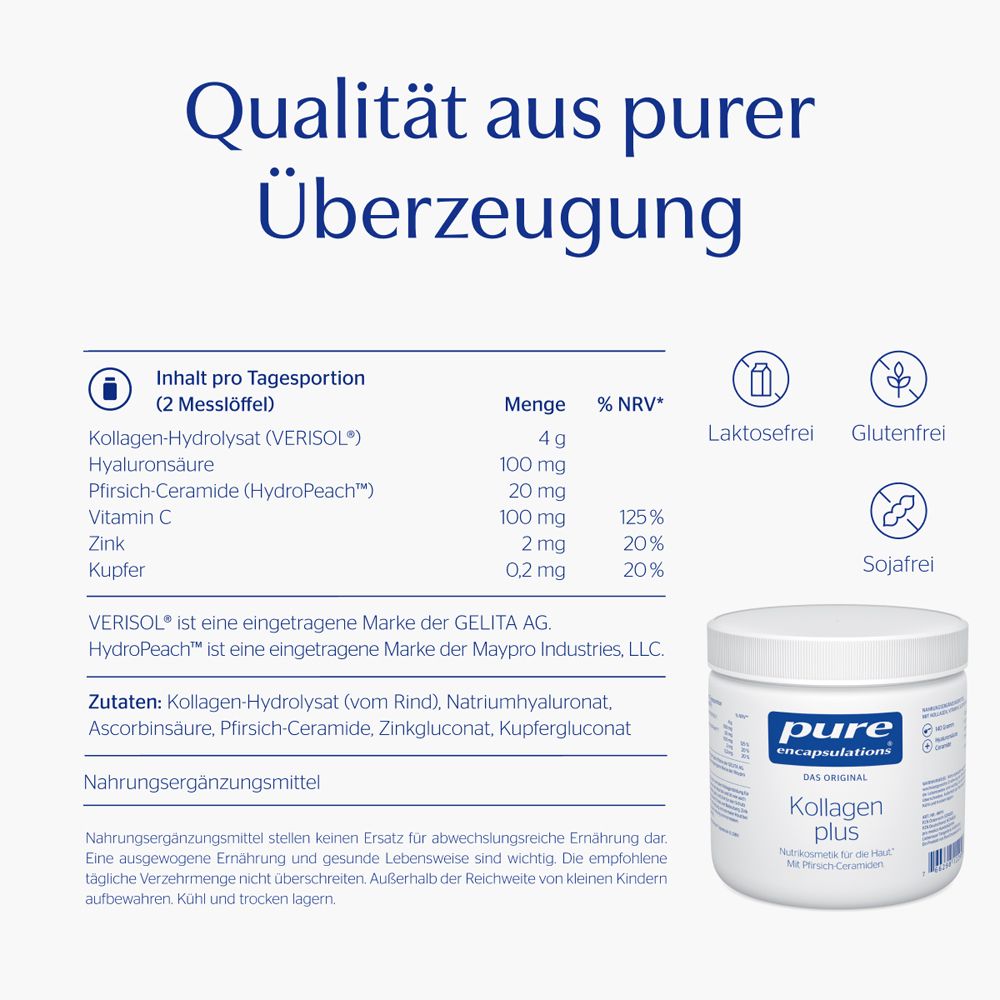 Productpot met tekst. Tekst: Kollagen plus, ingrediënten, voedingswaarde. Bevat collageen, hyaluronzuur, vitamine C, zink.