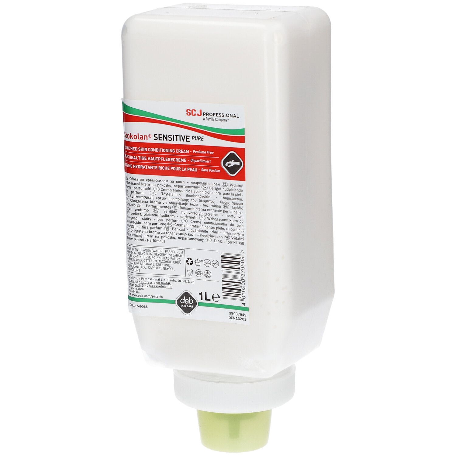 Distributeur blanc avec inscription Stokolan Sensitive PURE. Contenant de 1L avec sortie verte. Logo SCJ Professional.