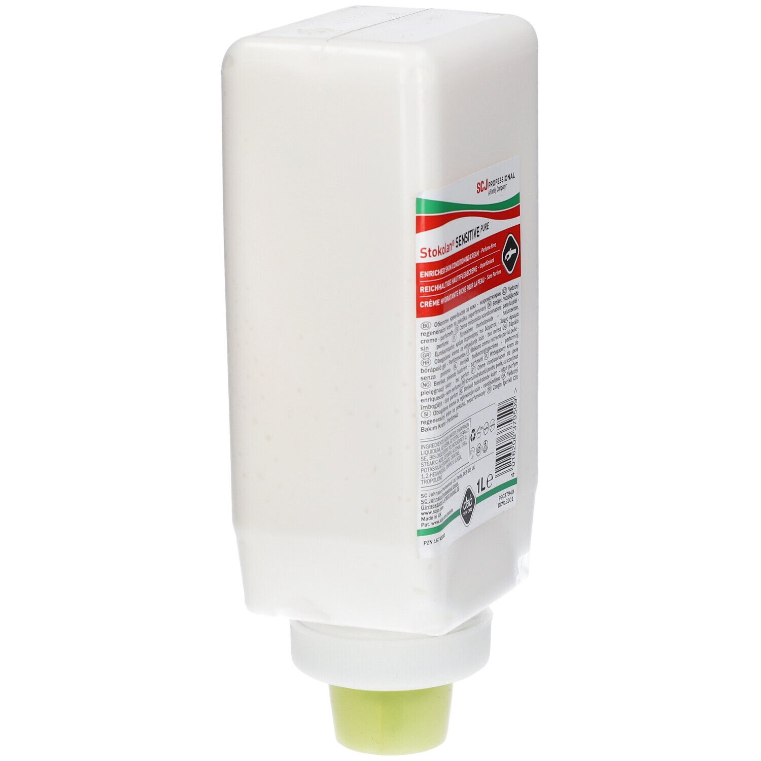 Distributeur blanc avec inscription Stokolan Sensitive PURE. Contenant de 1L avec sortie verte. Logo SCJ Professional.
