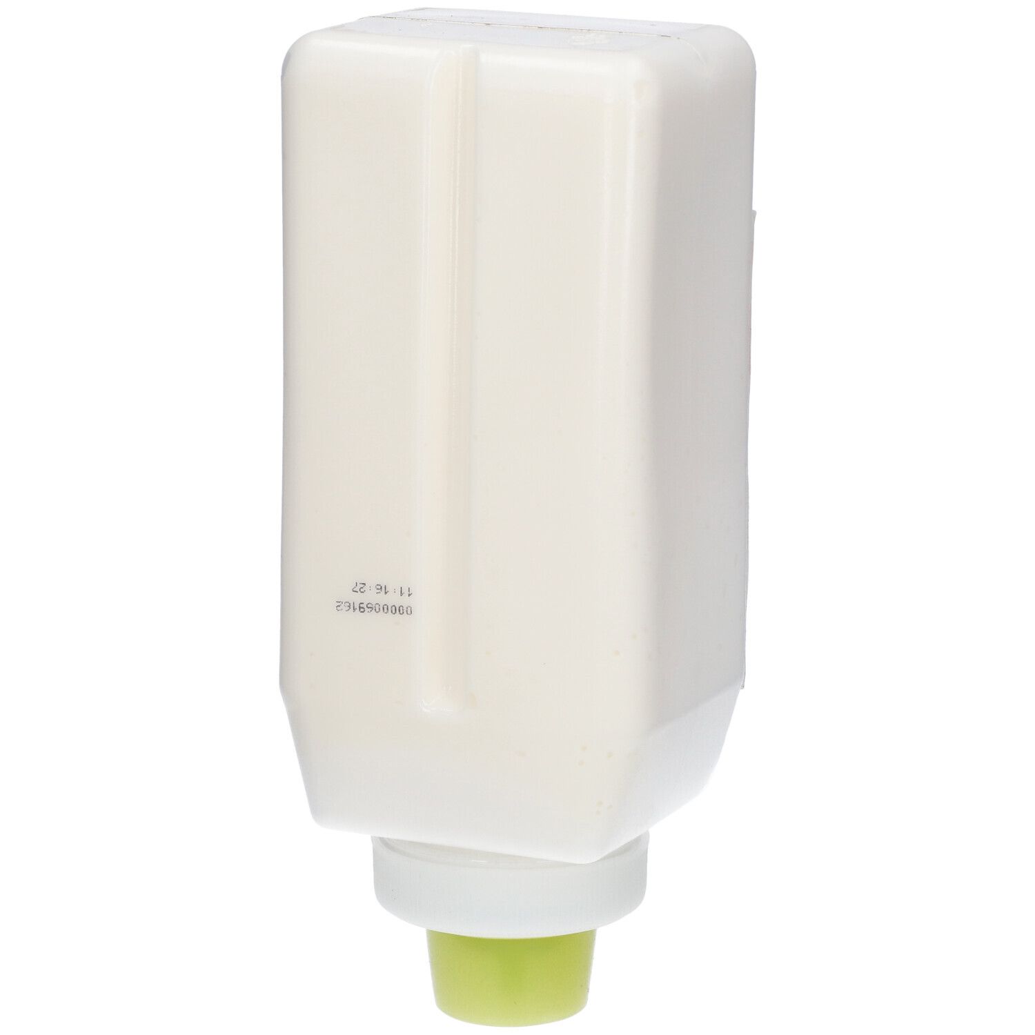 Dos du distributeur blanc. Contenant de 1L avec sortie verte. Tampon de date.