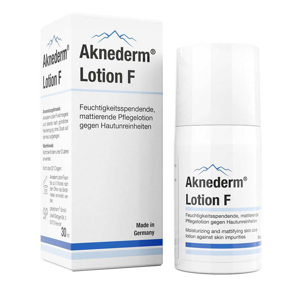 Aknederm® Lotion F, fles en verpakking. Witte fles met blauwe ring. Tekst: Hydraterend, matterend.