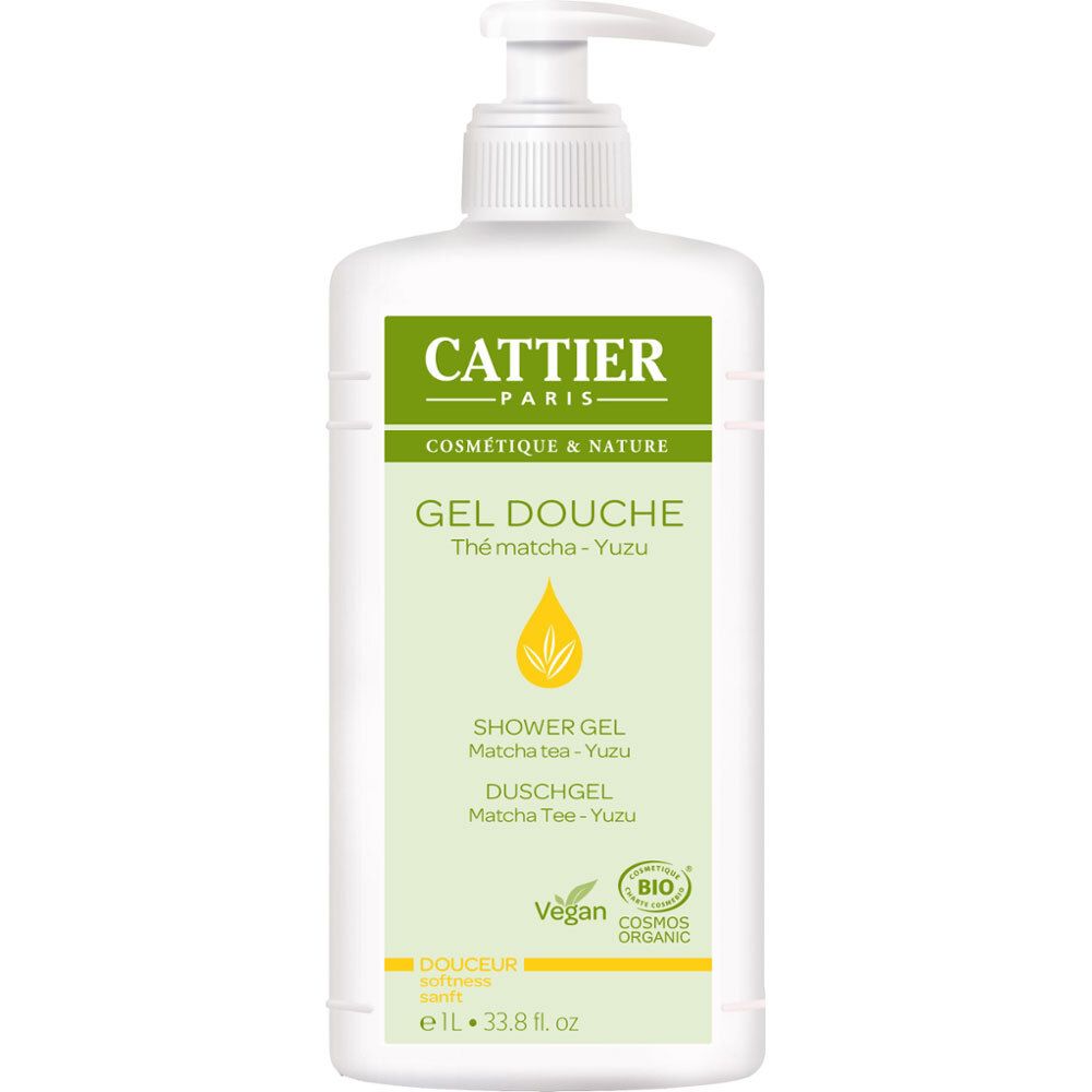 Flacon blanc avec étiquette verte. Inscription: CATTIER, Gel Douche, Matcha Tee & Yuzu. Vegan, certification bio.