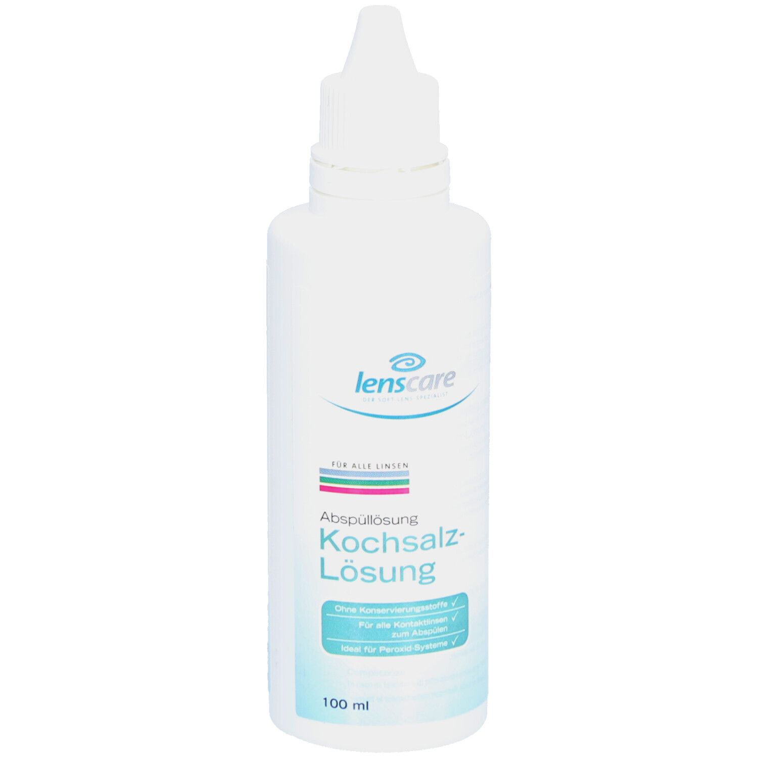 Flacon blanc "lenscare Kochsalz-Lösung". Texte: "Pour toutes lentilles". 100 ml.