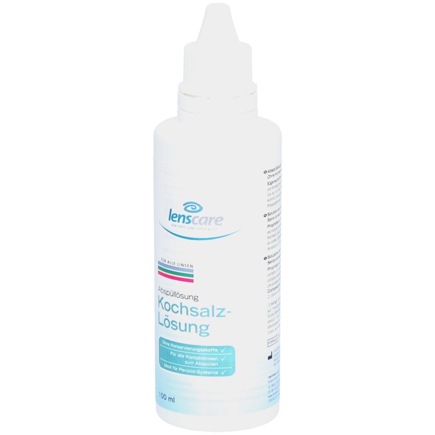 Flacon blanc "lenscare Kochsalz-Lösung". Texte: "Pour toutes lentilles". 100 ml.