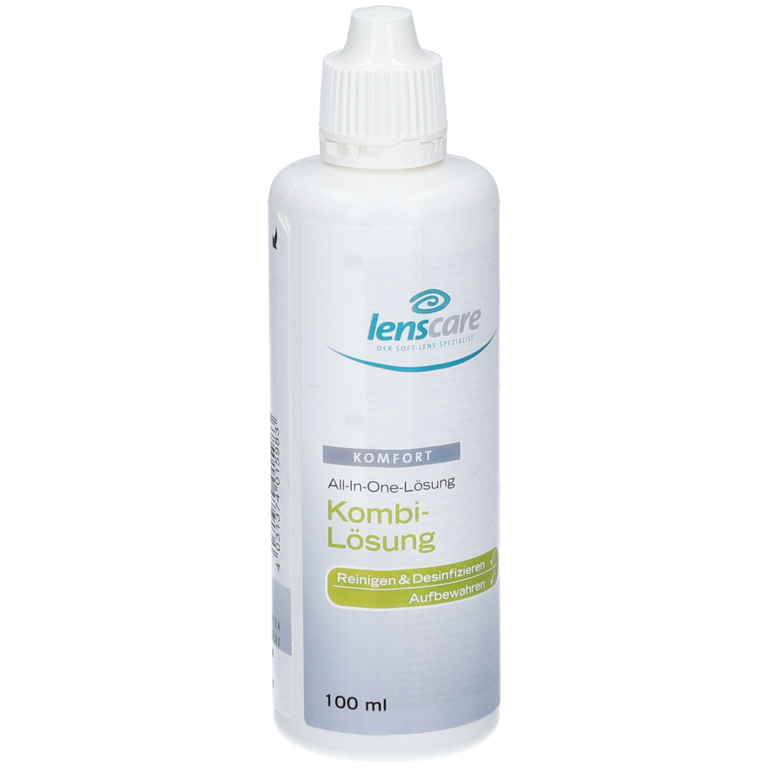 Witte fles met schroefdop. Opschrift: lenscare Kombi-Lösung. Reinigen & desinfecteren. 100 ml.
