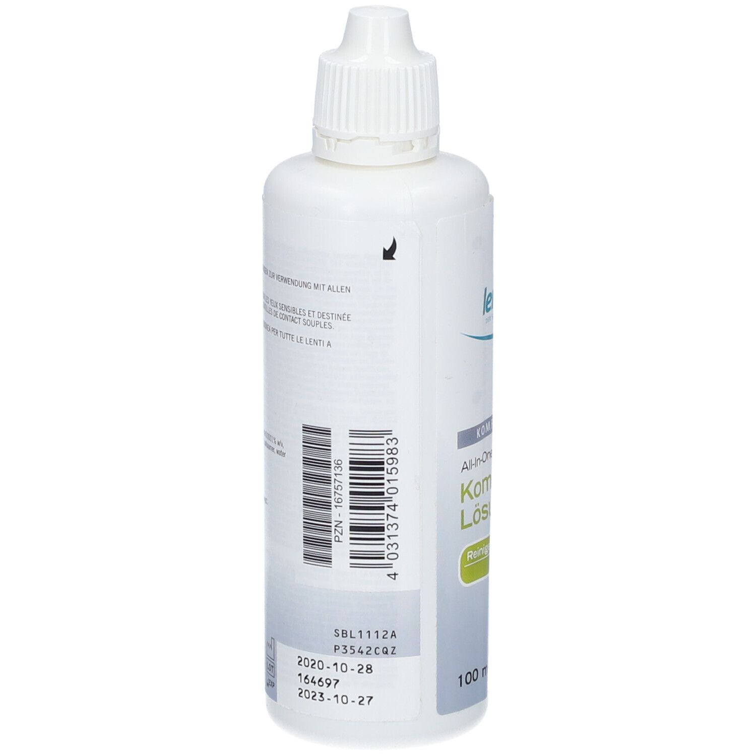 Witte fles met etiket. Opdruk: lenscare Kombi-Lösung. Barcode, PZN, chargenummer en vervaldatum.