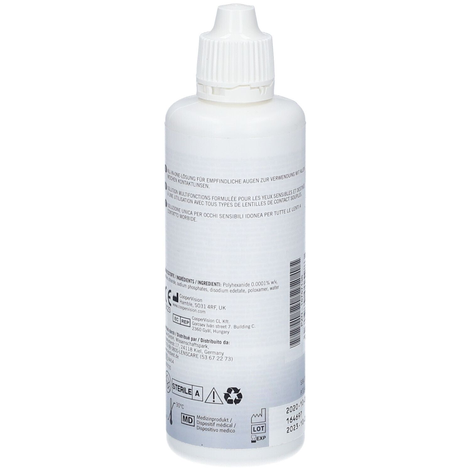 Witte fles met tekst. Ingrediënten, gebruiksaanwijzing en waarschuwingen. Steriel A-teken.