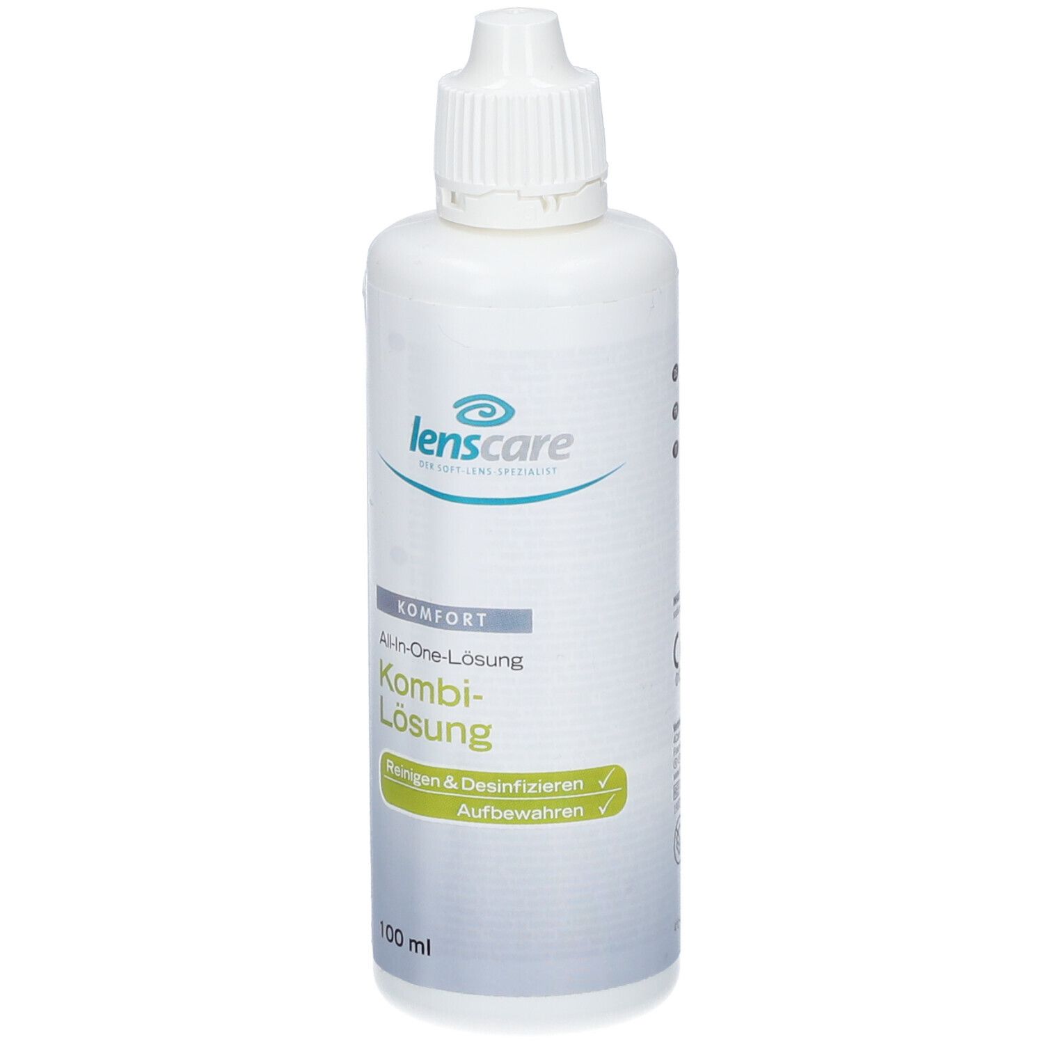 Witte fles met schroefdop. Opschrift: lenscare Kombi-Lösung. Reinigen & desinfecteren. 100 ml.