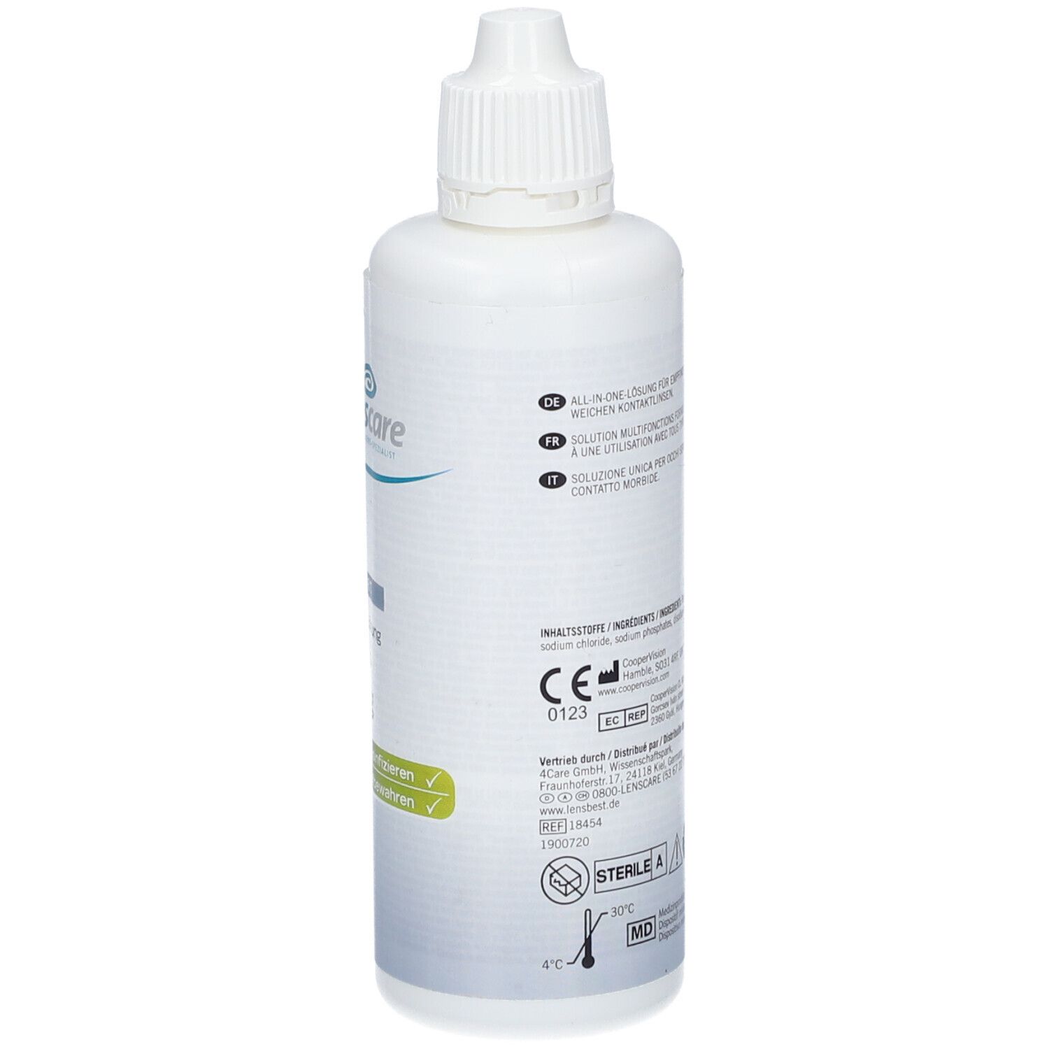 Witte fles met tekst. Opschrift: lenscare Kombi-Lösung. Reinigen & desinfecteren. Steriel A-teken.