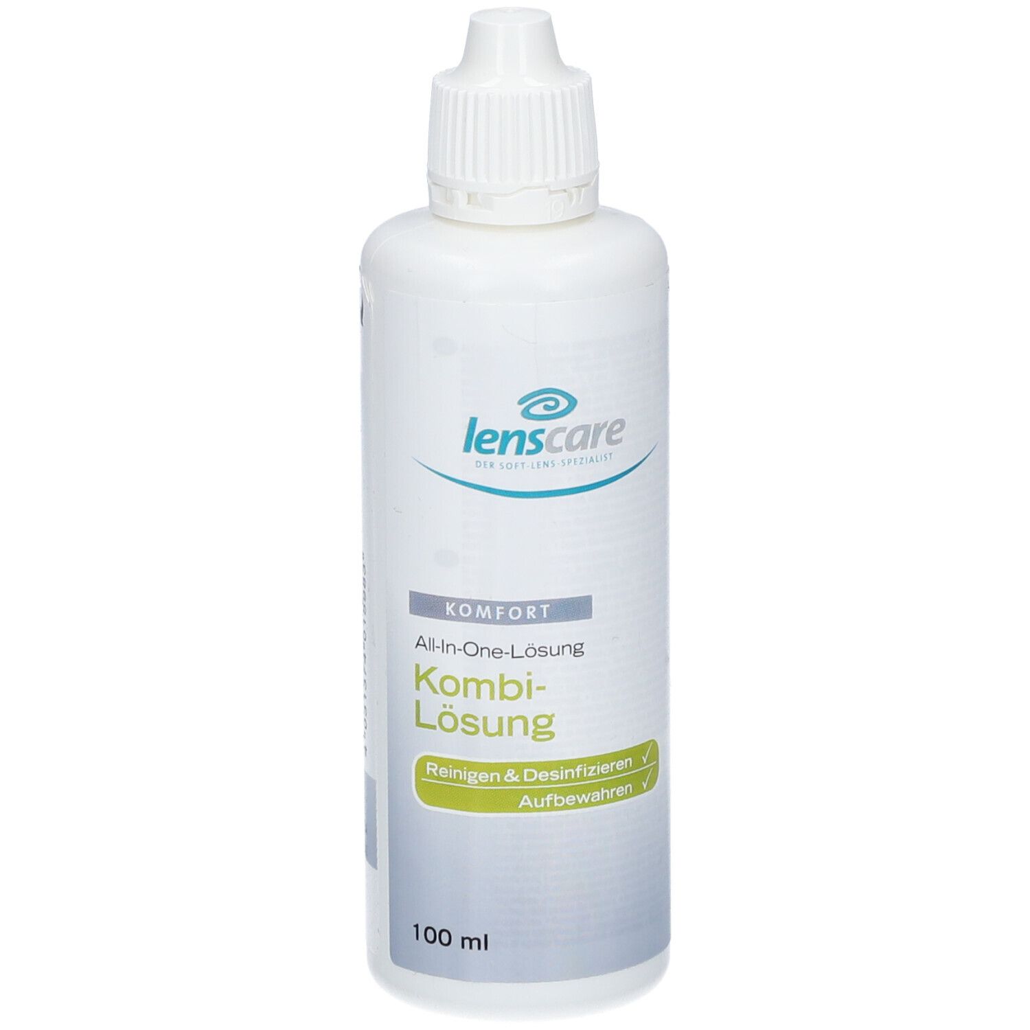 Witte fles met schroefdop. Opschrift: lenscare Kombi-Lösung. Reinigen & desinfecteren. 100 ml.