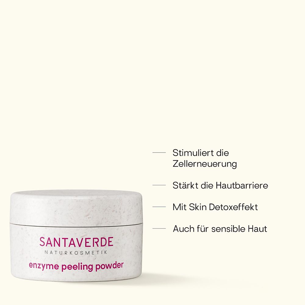 Poudre enzymatique Santoverde Naturkosmetik dans un pot blanc.