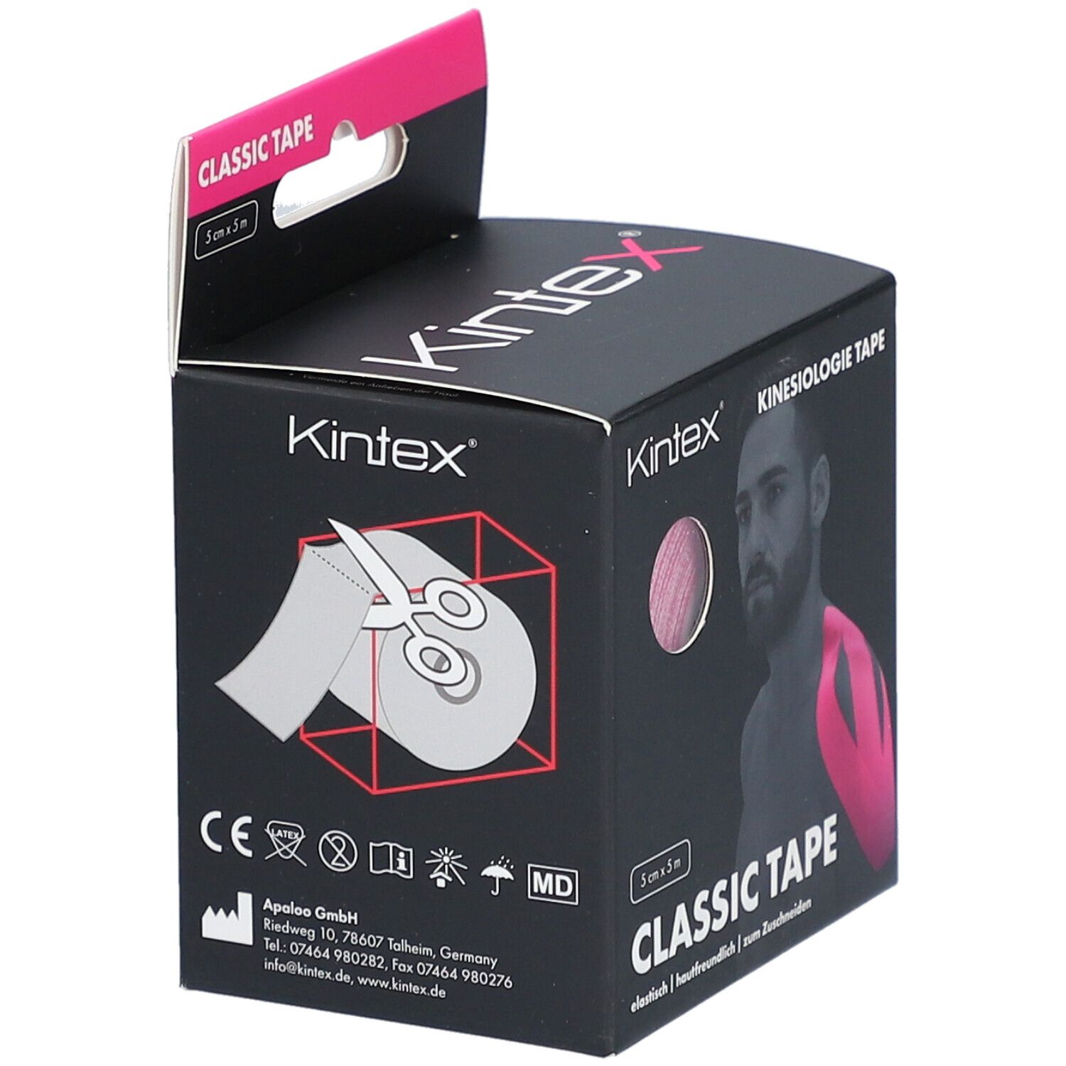 Emballage noir avec ruban de kinésiologie rose. Inscription : Kintex, Kinesiologie Tape. Illustration : ciseaux coupant du ruban.