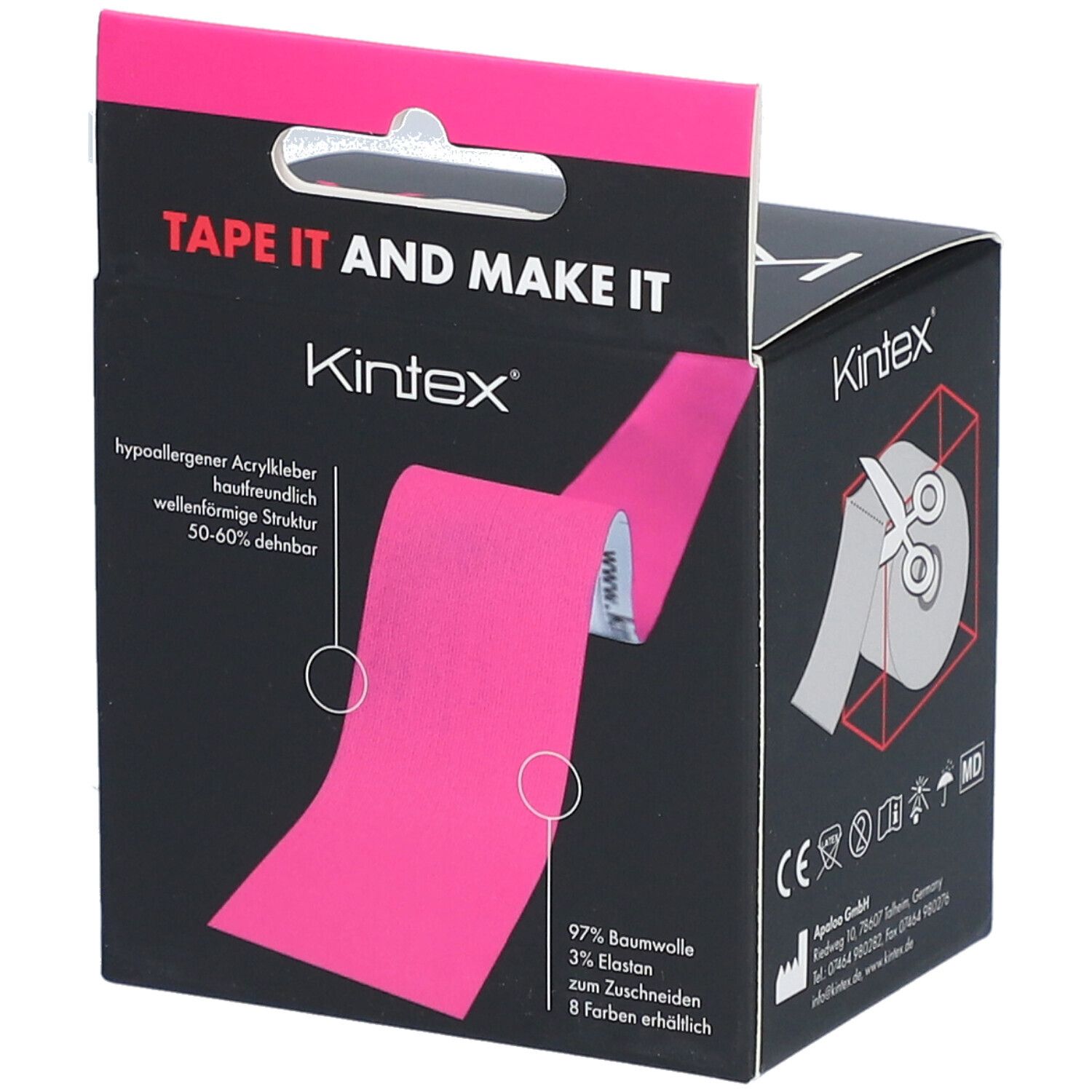 Emballage noir avec ruban de kinésiologie rose. Inscription : Kintex, Tape it and make it. Texte : 97% coton, 3% élasthanne.
