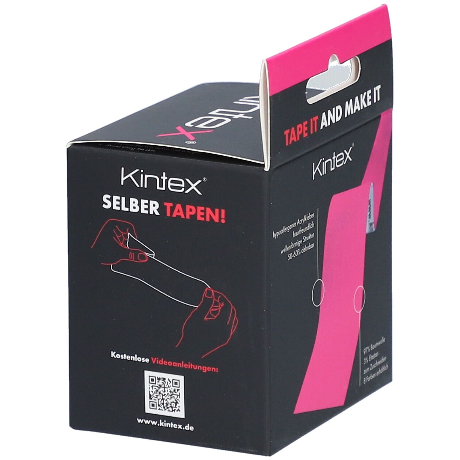 Emballage noir avec ruban de kinésiologie rose. Inscription : Kintex, Tape it and make it. Illustration : mains collant du ruban.