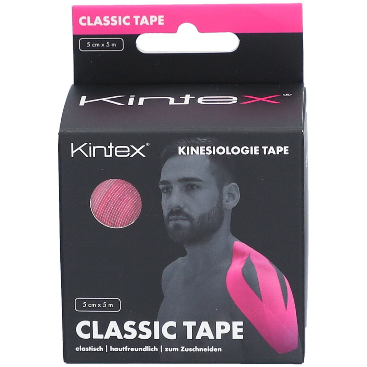 Emballage noir avec ruban de kinésiologie rose. Inscription : Kintex, Classic Tape, 5 cm x 5 m. Homme avec ruban sur le bras.