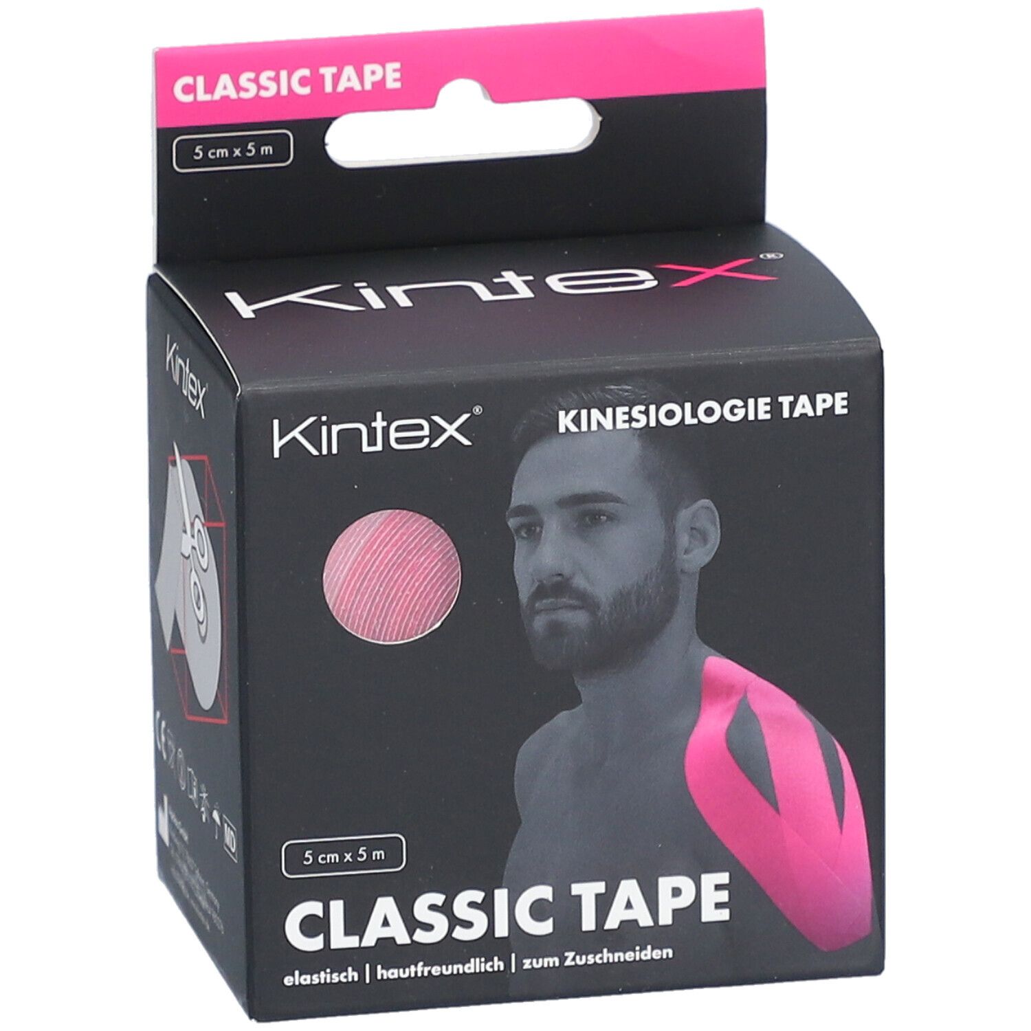 Emballage noir avec ruban de kinésiologie rose. Inscription : Kintex, Classic Tape, 5 cm x 5 m. Homme avec ruban sur le bras.
