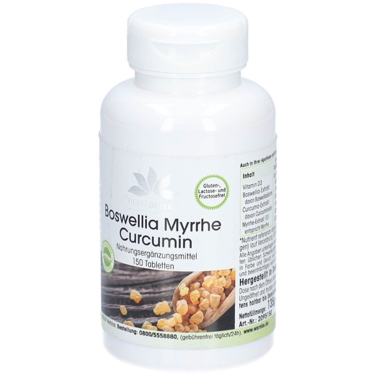 Flacon blanc avec "Boswellia Myrrhe Curcumin" et 150 comprimés. Sans gluten ni lactose.