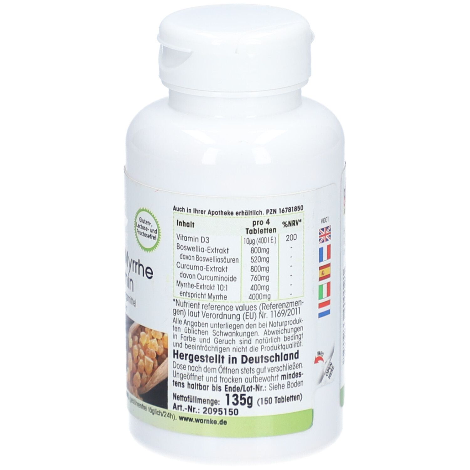 Dos du flacon blanc avec informations nutritionnelles. Sans gluten ni lactose. 135g (150 comprimés).