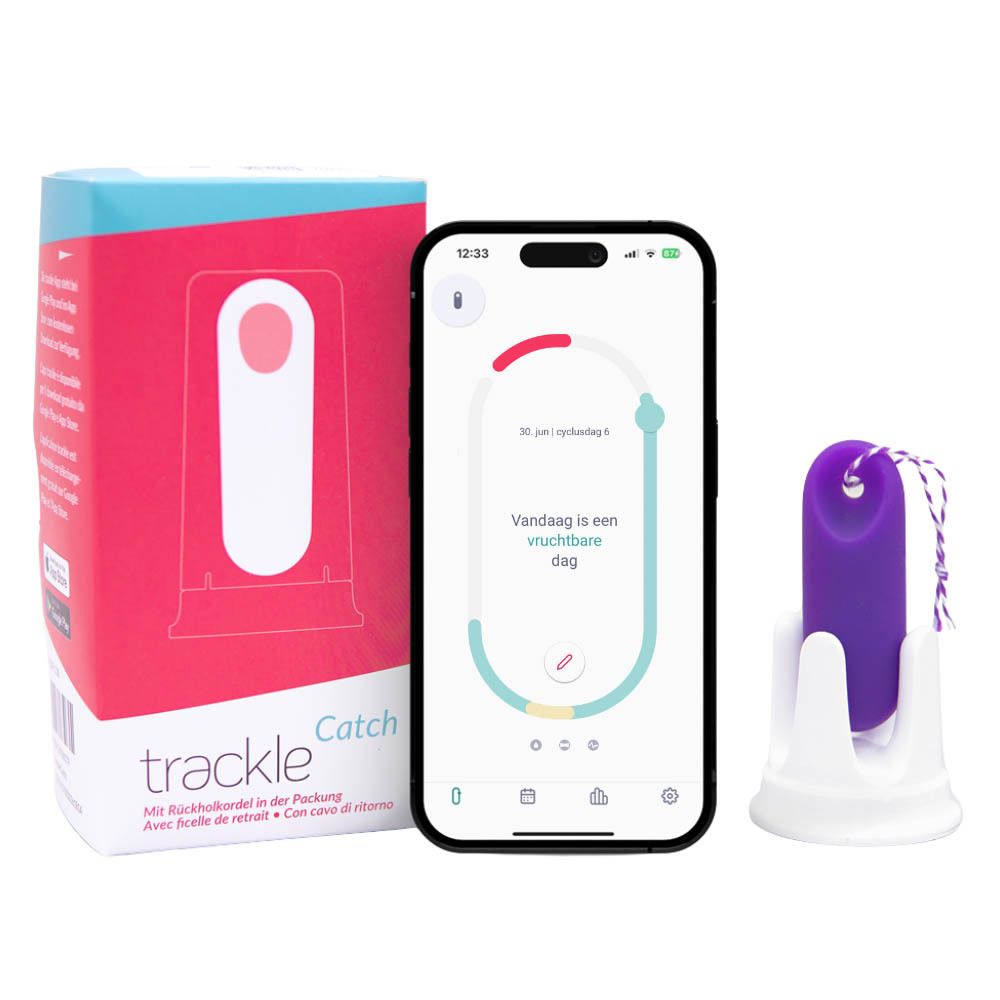 trackleCatch, smartphone, houder en verpakking. Paarse sensor, witte houder.