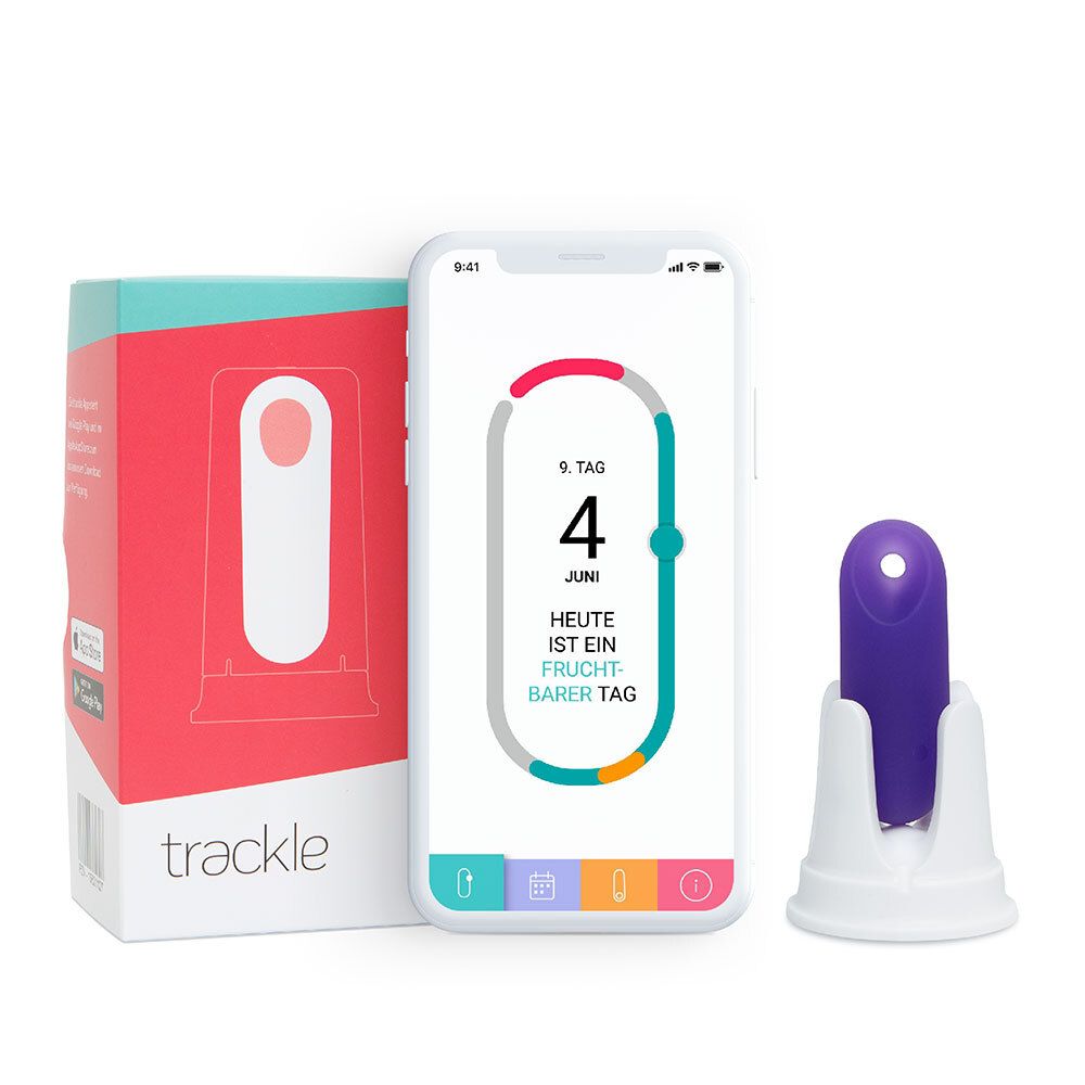 trackleCatch cycluscomputer, smartphone, houder en verpakking. Paarse sensor, witte houder.
