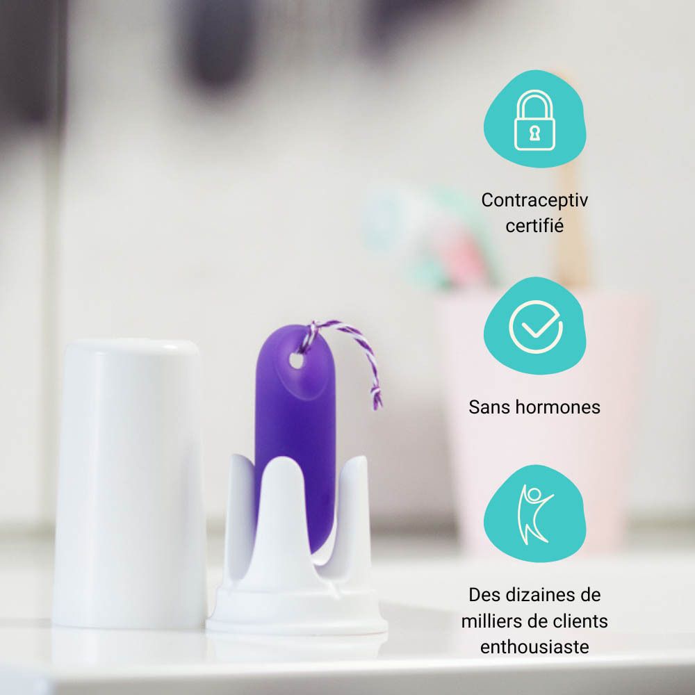 Capteur violet avec trou. Icônes circulaires avec texte : Détermination précise, méthode symptothermique, imperceptible.