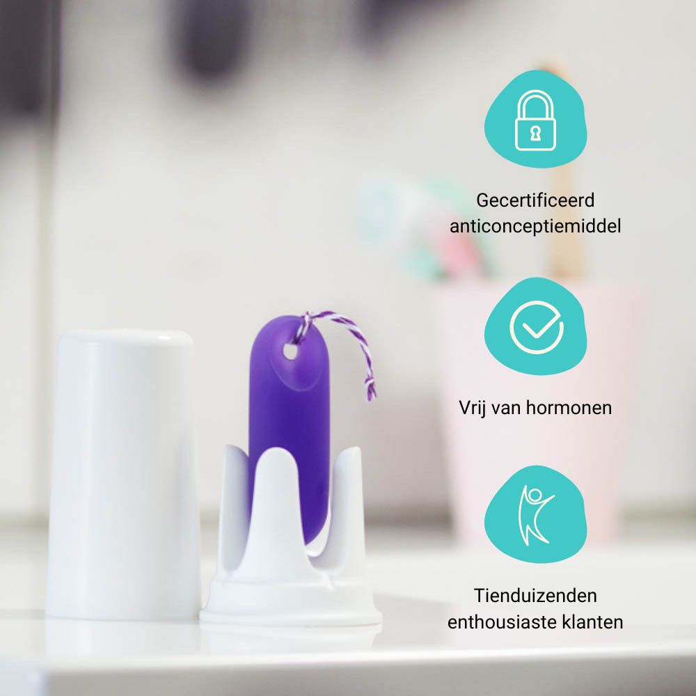 Paarse sensor met gat. Cirkelvormige pictogrammen met tekst: Nauwkeurige bepaling, symptothermaal, niet merkbaar.