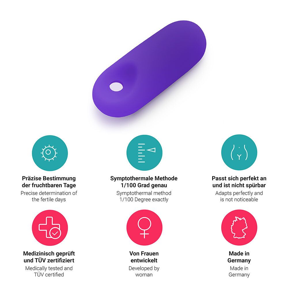 Paarse sensor met gat. Cirkelvormige pictogrammen met tekst: Nauwkeurige bepaling, symptothermaal, niet merkbaar.