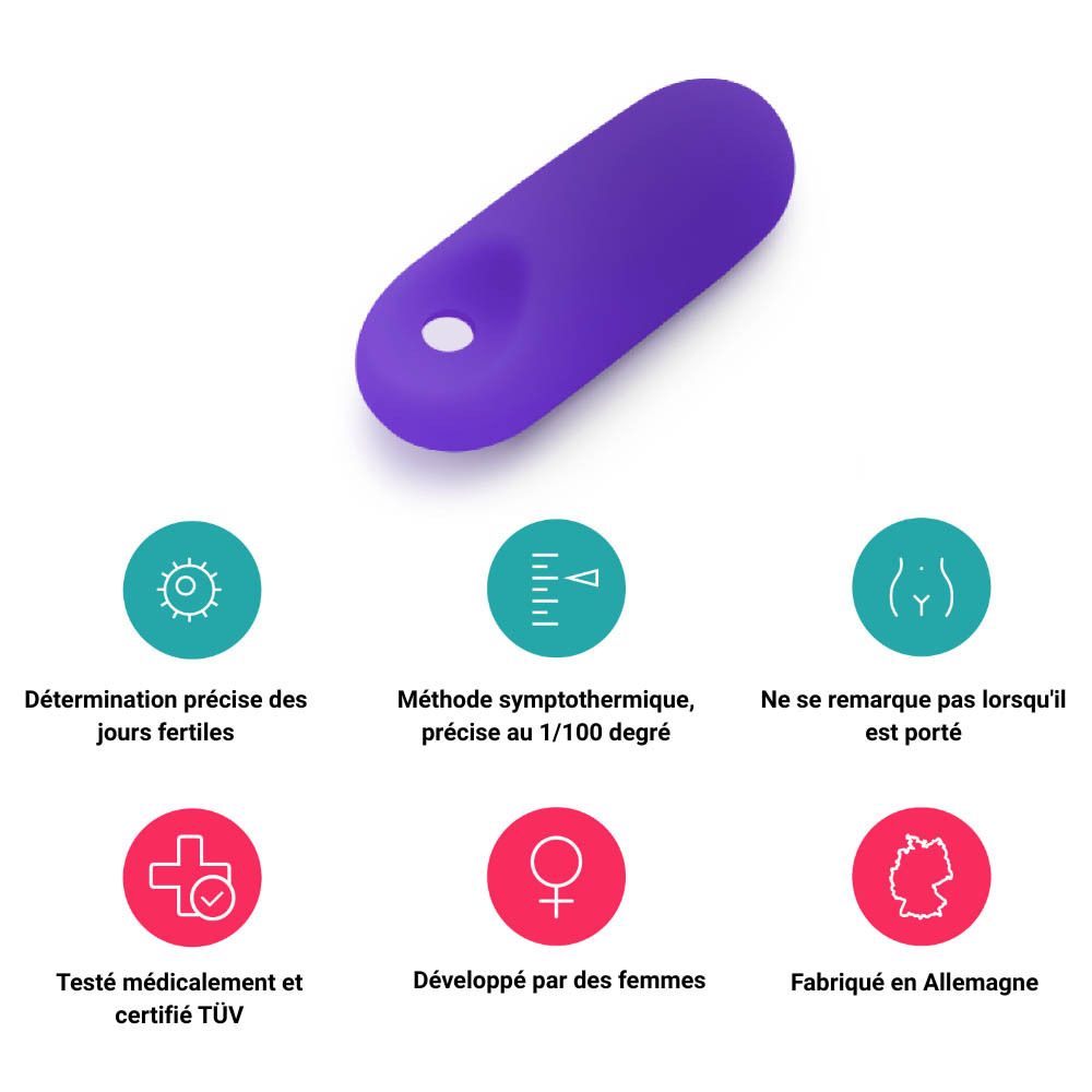 Capteur violet avec cordon de rappel, support et capuchon blancs. Fond : fleurs.