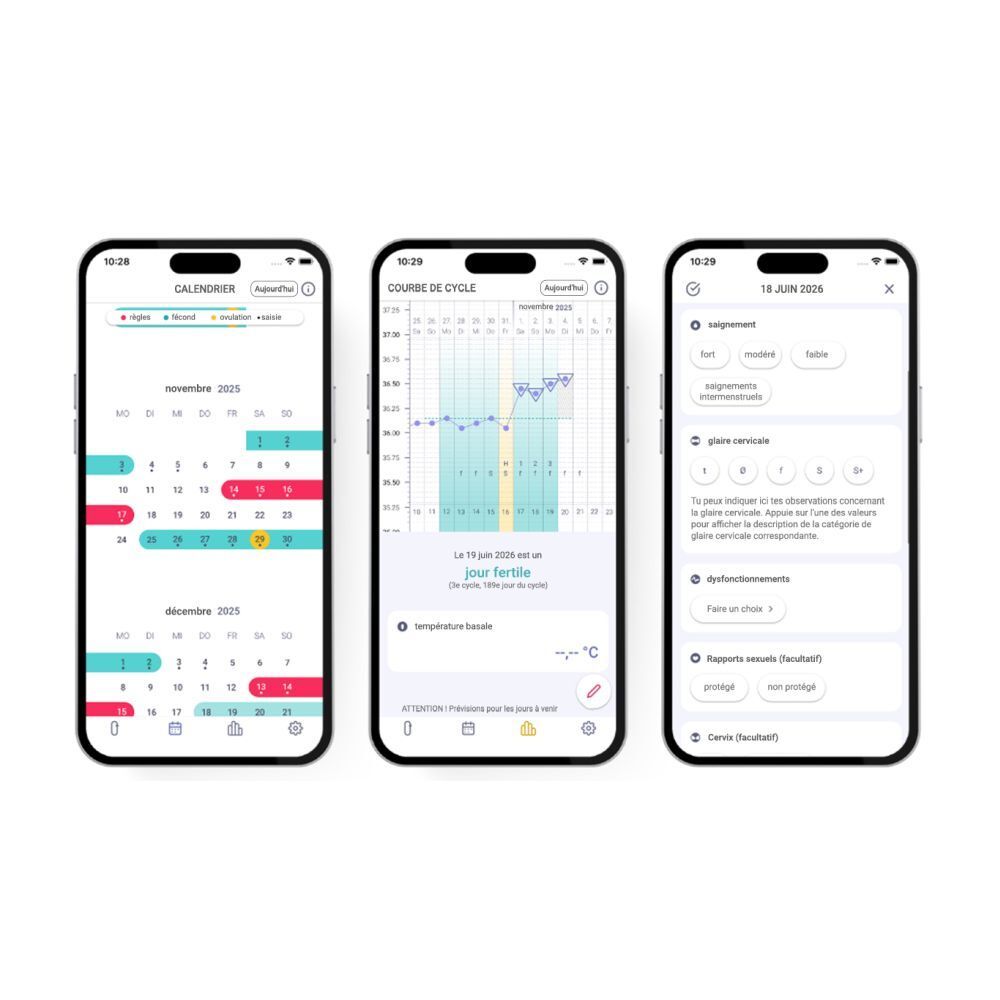 Smartphone affichant une application de cycle avec calendrier, courbe de température et détails.