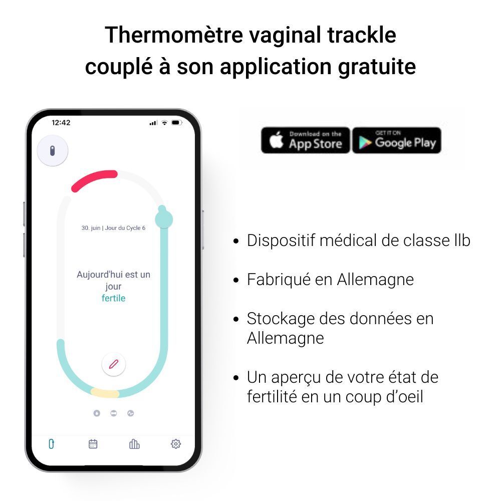 Smartphone affichant une application de cycle avec jours fertiles et boutons de téléchargement.