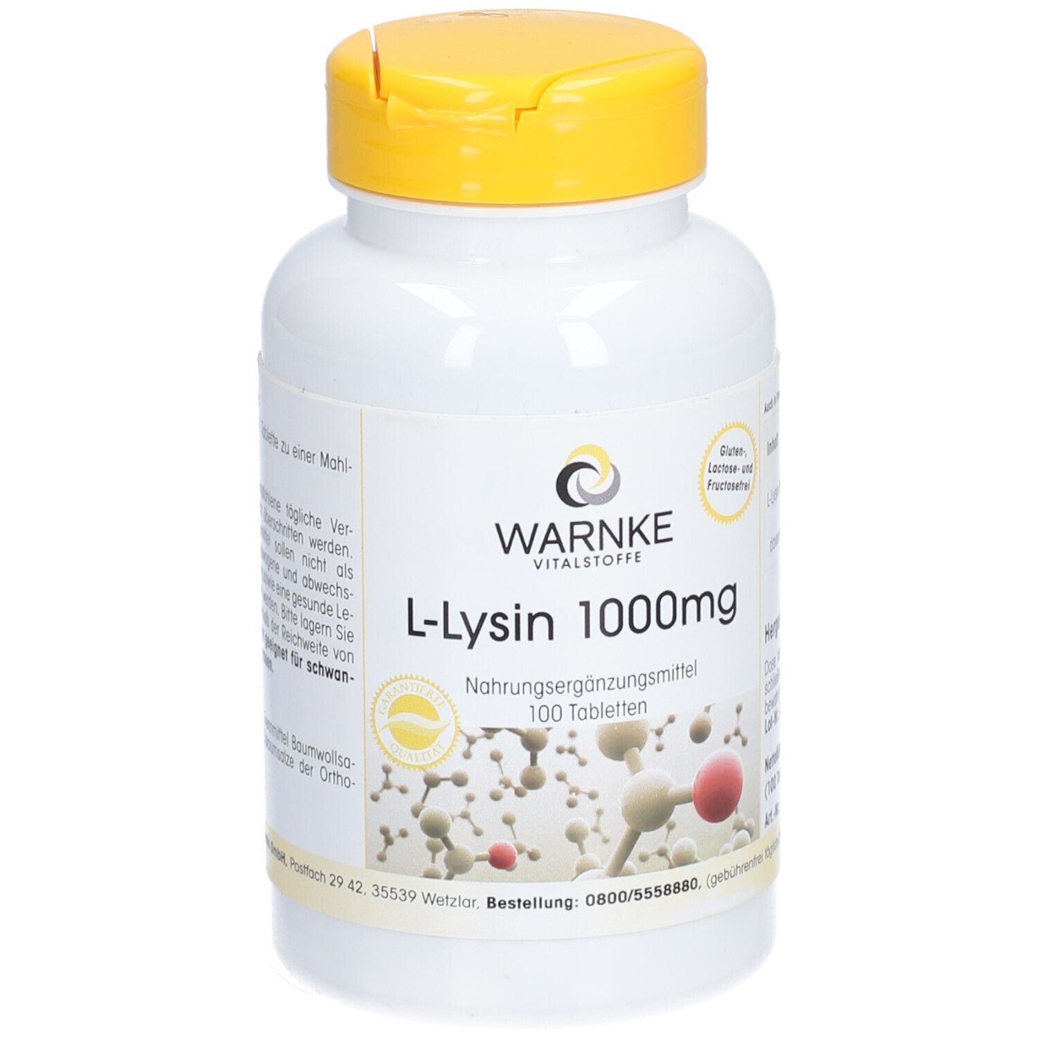 Witte fles met gele dop. Opschrift: L-Lysine 1000mg, 100 tabletten. Merk: Warnke Vitalstoffe. Glutenvrij en lactosevrij.